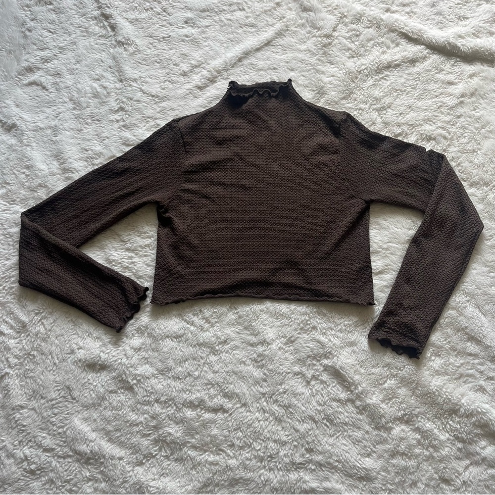 Garage Selena Seamless Lettuce Edge Brown Long Sleeve Top size M